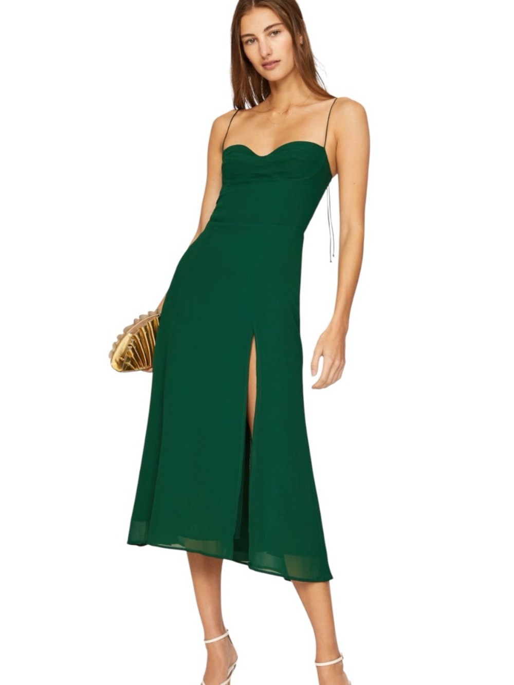 Reformation Juliette Emerald Green Bow Tie Strap A-Line Midi Dress - 6